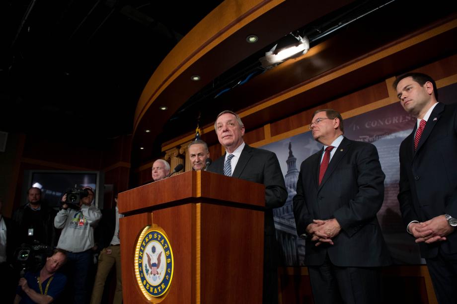 Assistant Majority Leader Dick Durbin (D-IL) was joined at a news conference announcing a series of principles to guide comprehensive immigration reform by Senators John McCain (R-AZ), Chuck Schumer (D-NY), Robert Menendez (D-NJ), and Marco Rubio (R-FL).